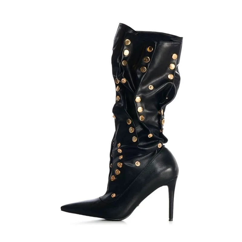 

Women's Black Leather Knee High Boots Fashionable Pointed Toe Stiletto High Heel Boots Gold Stud Detail Edgy and Stylish Boots