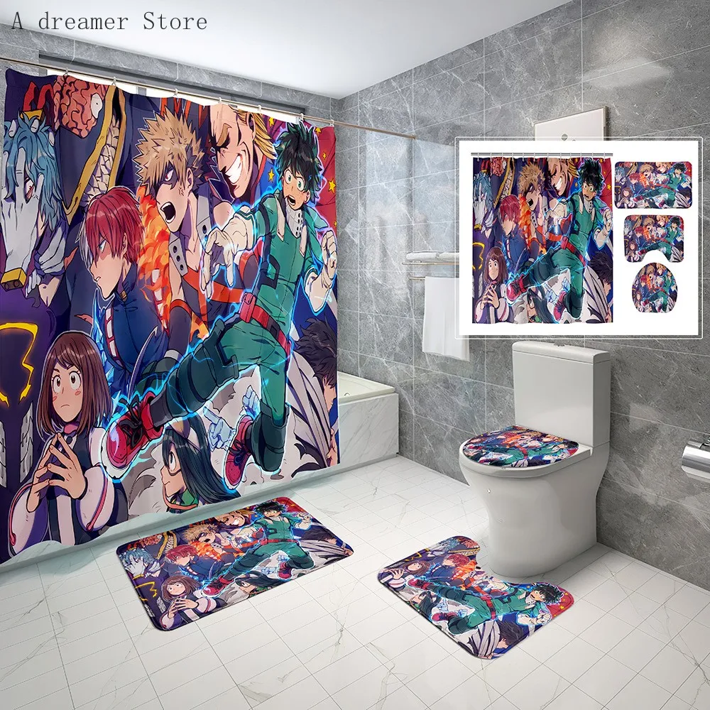 Anime Printed My Hero Academy Shower Curtains Waterproof Fabric Screenery Bathroom Rug Mats Set with Hooks Decor 180x180cm