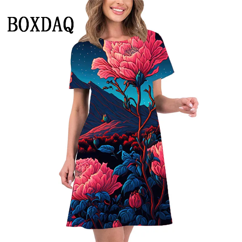 Vestido de verano de manga corta con estampado 3D para mujer, minivestido holgado, informal, elegante, con paisaje de árbol, a la moda