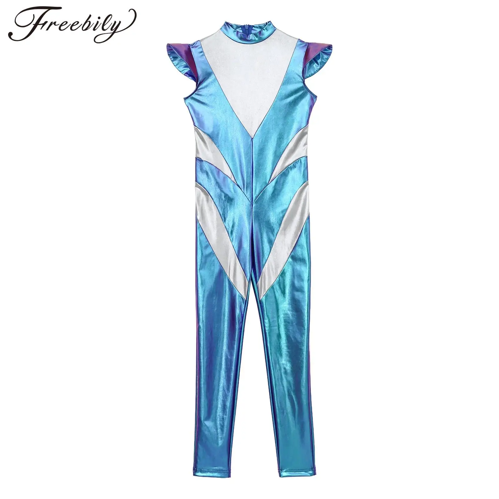 

Kids Girls Metallic Alien Cosplay Jumpsuit Fly Sleeve Zipper Color Block Bodysuit Halloween Themed Party Dress Up