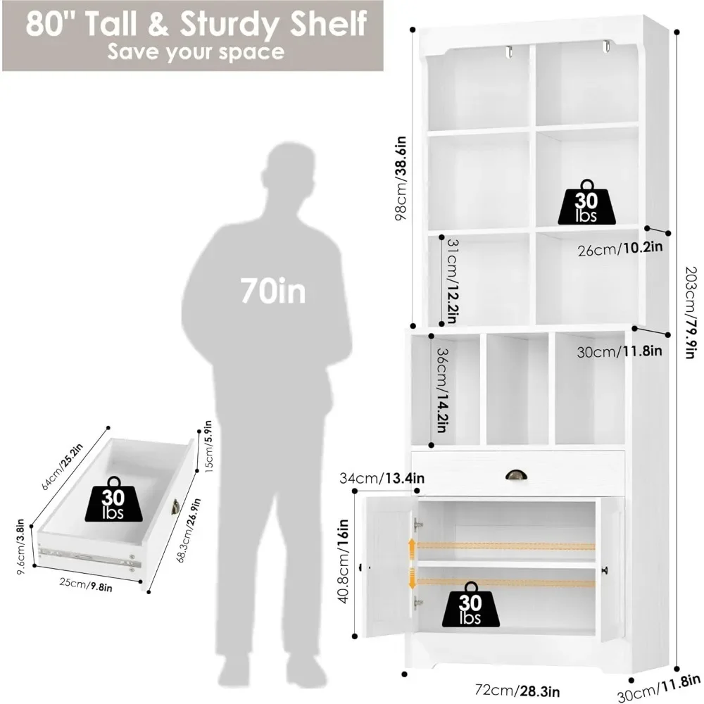 Estante alta de 80" com gaveta e armário, estante de 6 camadas com prateleira e porta ajustáveis, prateleira para livros aberta de 9 cubos