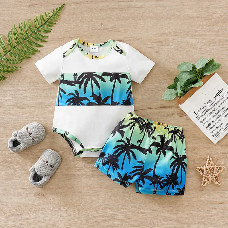 

Perfect for Vacation Full Print Tropical Beach Plants baby clothes 0-18Months Boys and Girls Summer Baby Short-Sleeve Outfit Set
