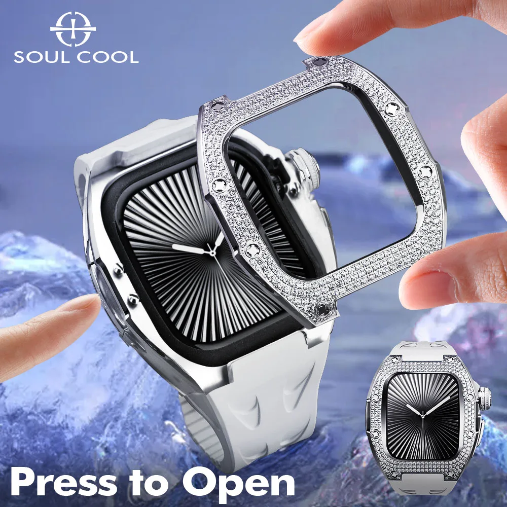 حافظة Soul Cool Diamond لسلسلة ساعات Apple 11/10 46 ملم، اضغط للفتح، إكسسوارات iWatch الفاخرة طقم تعديل الموضة