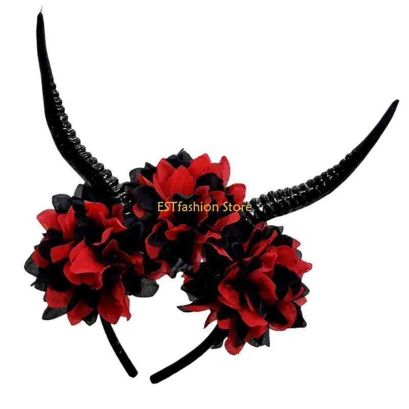 y5gc راتنج الأزهار الأزهار القرن قرن hairband خفيفة الوزن الهالوين زي الزخرفة شعر زخرفة الشعر للأطفال البالغين