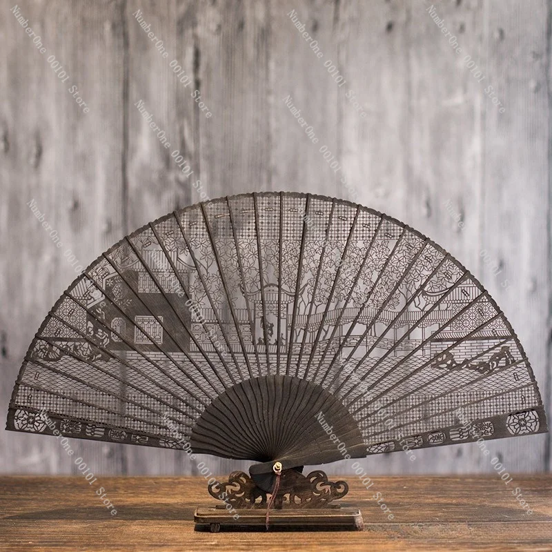 Chinese Style Sandalwood Folding Fan Gift Box Black Ebony Craft Vintage Handmade Dance Performance Home Decor Traditional