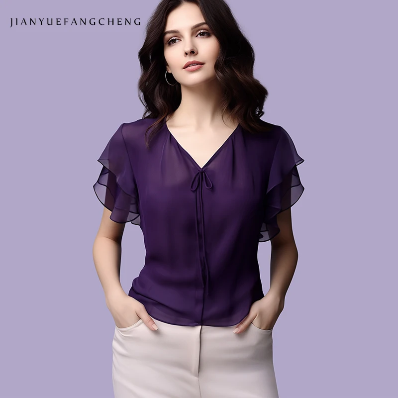 2024 Summer Purple Ruffled Chiffon Shirt Women's Top V-neck Short Sleeve Slim Female Casual Tulle Blouses