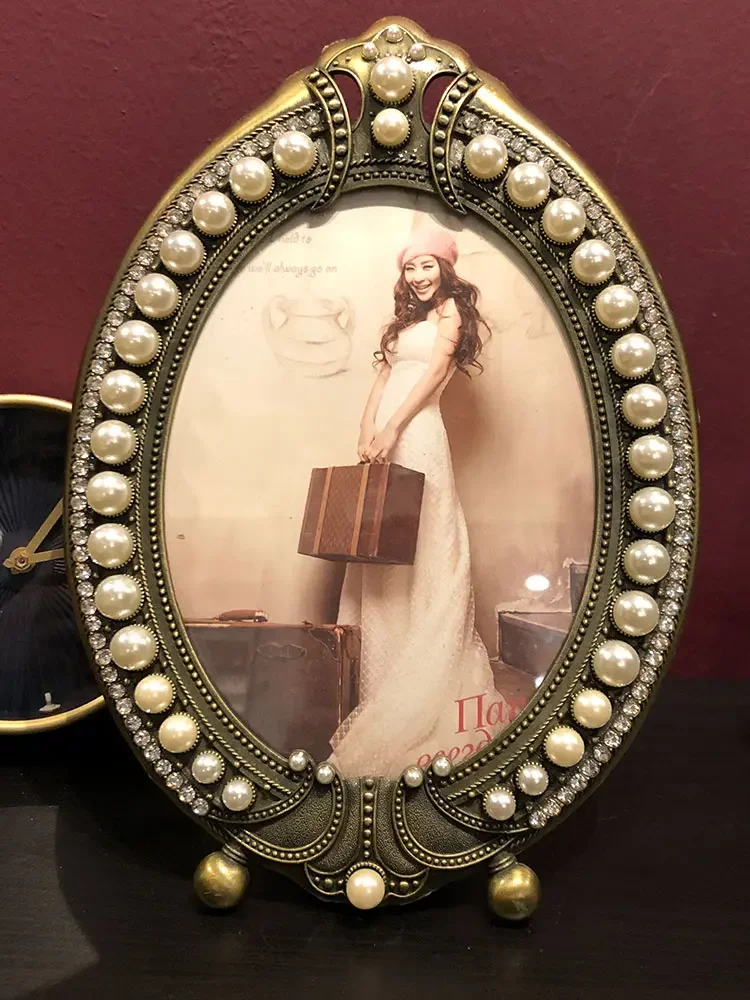 Antique Brass Silver Plating With White Pearls And Clear Rhinestones Jeweled 4x6,5x7 Inch Metal