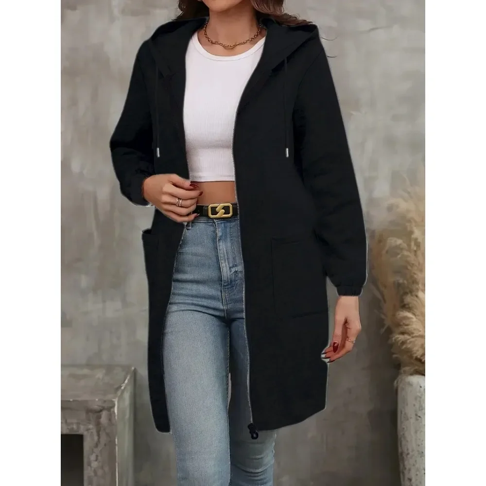 سويت شيرت نسائي بأكمام طويلة: سويت شيرت خريفي بغطاء للرأس مع جيوب مزدوجة بسحاب، معطف نسائي كاجوال للركاب اليومي #1