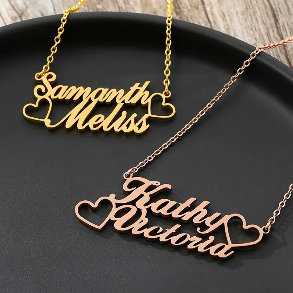 Collares personalizados con doble nombre para mujer y hombre, joyería de acero inoxidable, cadenas doradas, Gargantilla, regalos del Día de San