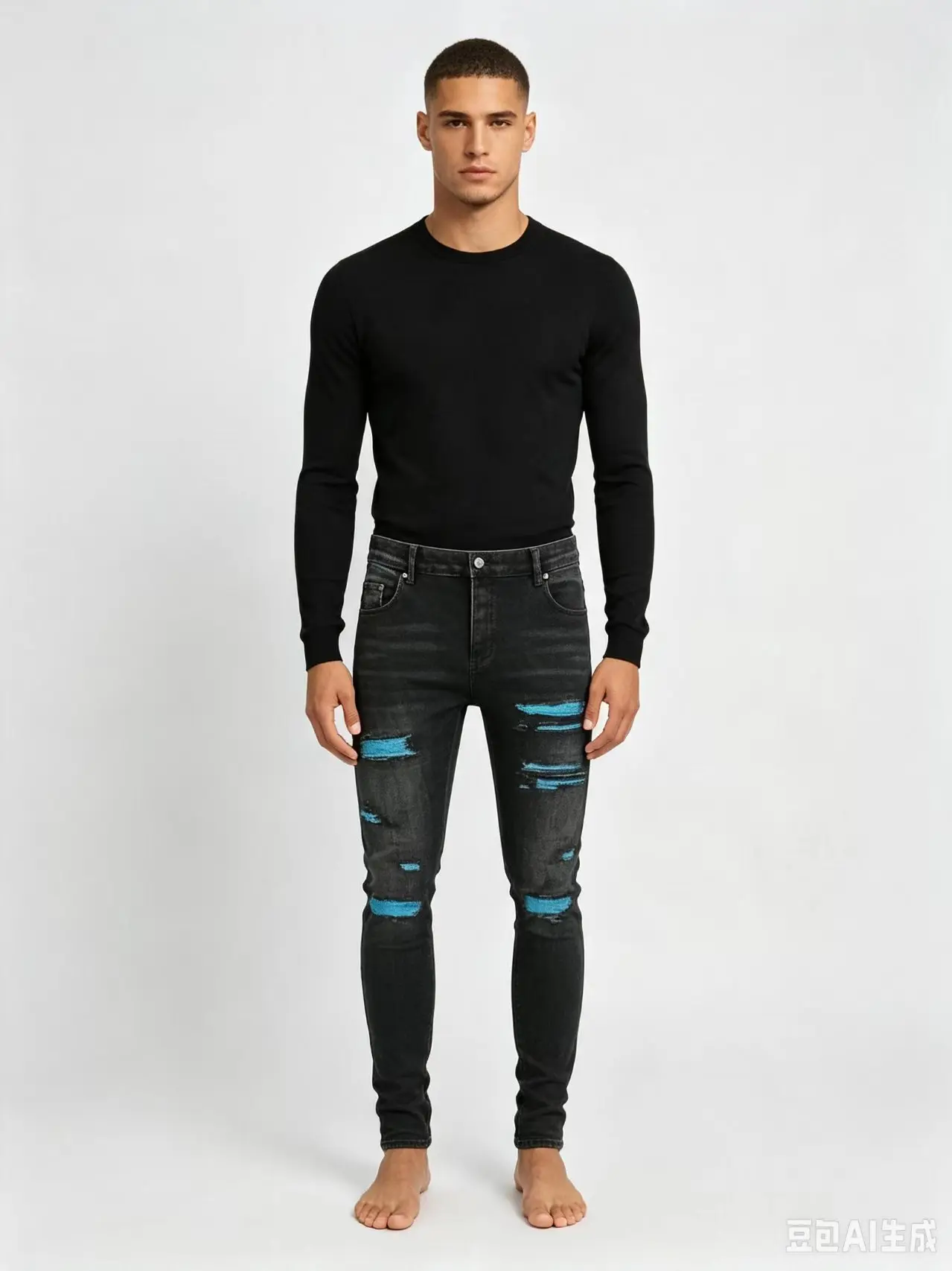 Fashionable new men's jeans, washed and worn, perforated patch, elastic slim fit, black jeans, high street hip-hop brand pants,