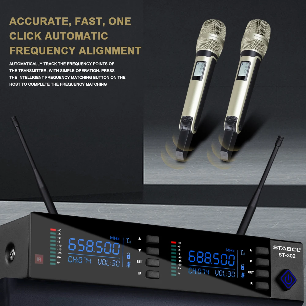 ST-302 UHF Dual Channel Dual Handheld Professional Wireless Microphone System Stage Performance Wedding Home KTV Party Dynamic