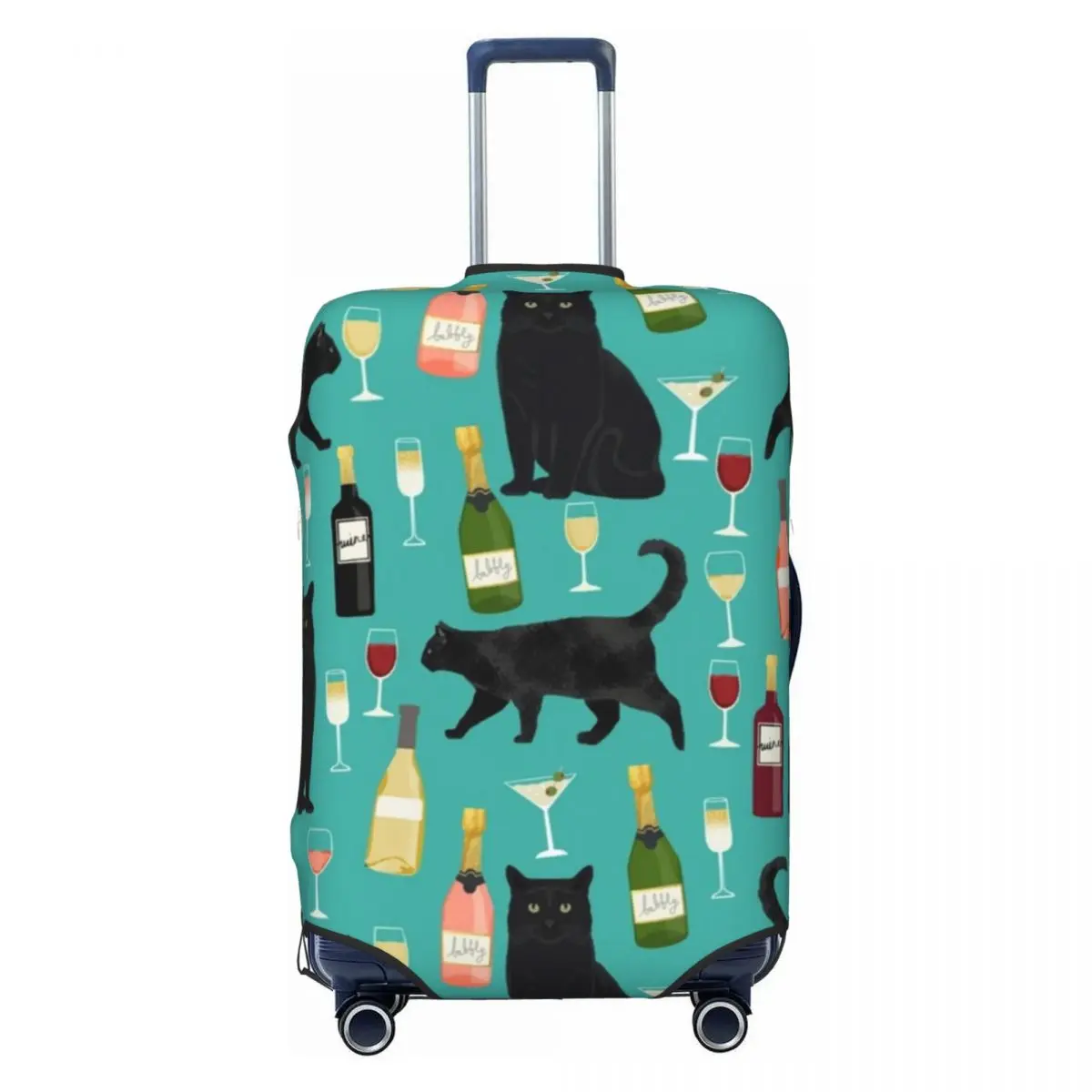 Colorful Wine Print Suitcase Cover Holiday Funny Black Cat Elastic Luggage Case Travel Protector