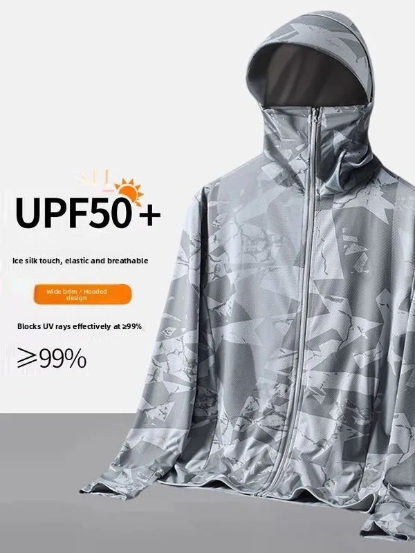 Men's Camouflage Ice Silk Sun Protection Clothing Lightweight Breathable Summer Fishing Suit with Large Brim UV Protection Hat