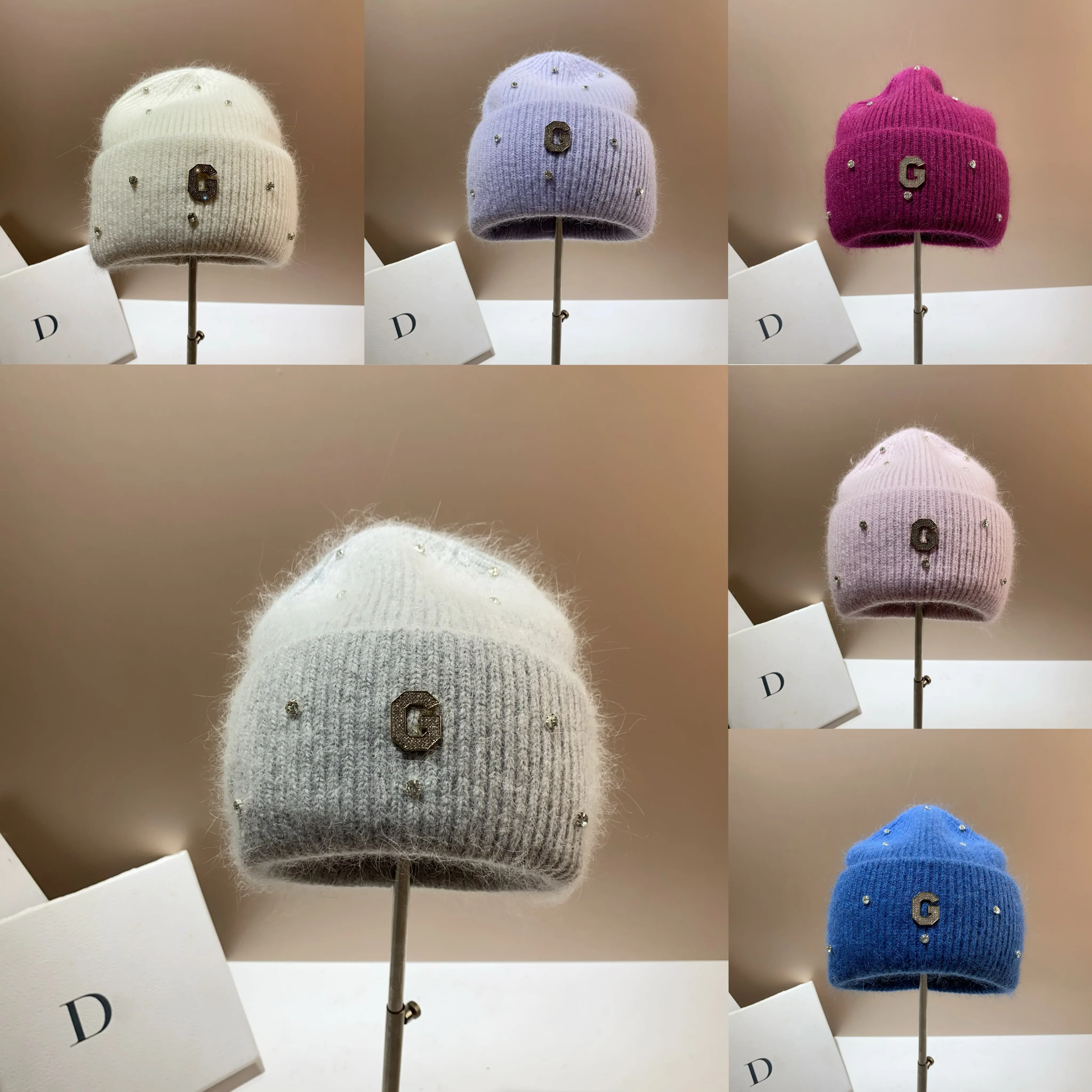 Korean version winter new G rhinestone rabbit fur knit hat fashion age reduction sweet warm ear protection hat with double fold