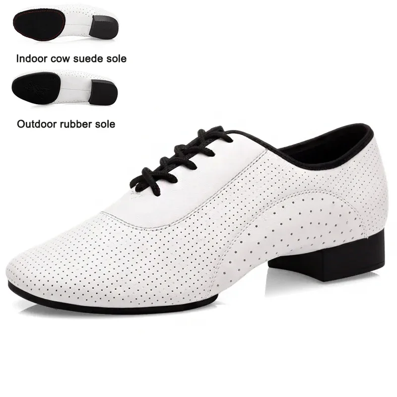 Men Salsa Tango Cowhide Leather Square Heels Adults Party Latin Dance White Low Heel Ballroom Dancing Shoe Rumba Jazz Shoes