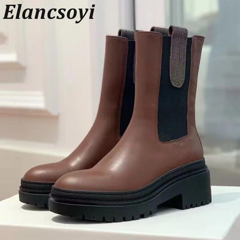 

Spring Autumn Real Leather Shiny Crystal Design Short Boots Women's Thick Bottom Wedges Retro Ankle Botas Versatile Chelsea Boot