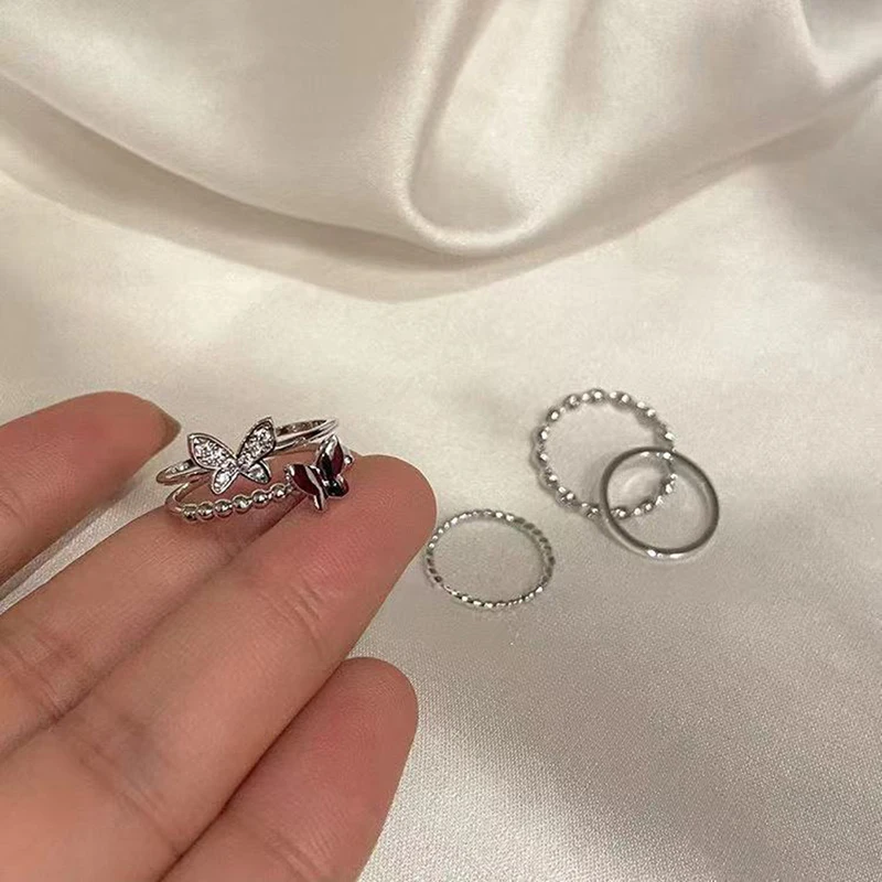 Set cincin Punk logam kupu-kupu Fashion untuk wanita, Aksesori hadiah perhiasan remaja, gesper cincin jari indeks wanita