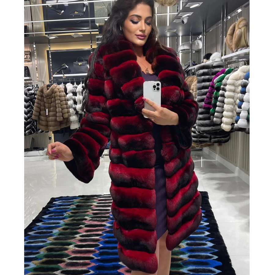 Women\'s Long Winter Coat Chinchilla Luxury Real Rex Rabbit Fur Coats For Women Fur Coat Women Warm Best Seller