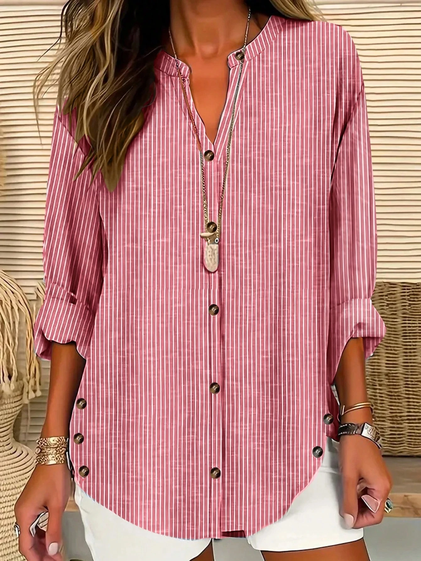 2025 Women's Autumn and Winter New European and American Casual Fashion Button Striped Long Sleeve Solid Color Shirt Women's Stand Collar Striped Stand Collar Shirt Long Sleeve Top