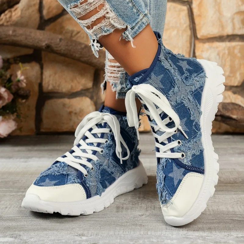 2024 Hot Sale Women's Shoes Lace-up Women's Vulcanize Shoes Fashion Color Matching New Plus Size Round Toe High Top Flat Shoes