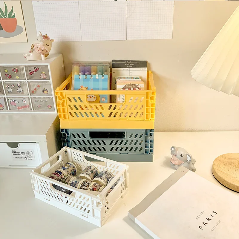 

Mini Folding Storage Box Plastic Storage Container Collapsible Basket Home Storage Supplies Desktop Cosmetic Stationery Organize