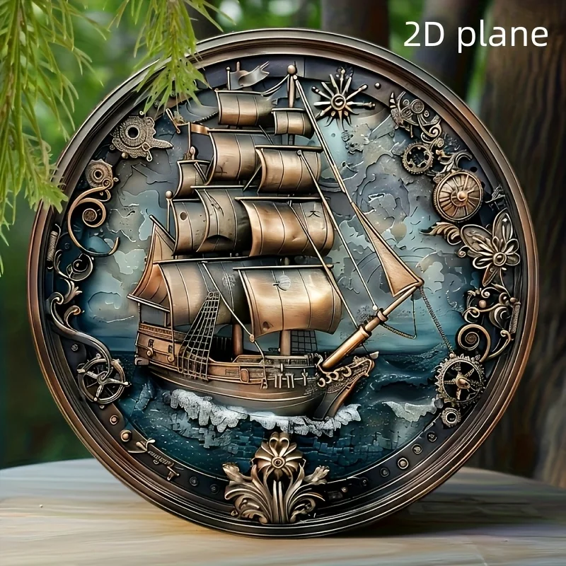 2D Flat - [2D Flat] 1pc Vintage Nautical Round Wooden Wall Hanging Decor, 8x8 Inch - Antique Sailboat Design with Ornate Detaili