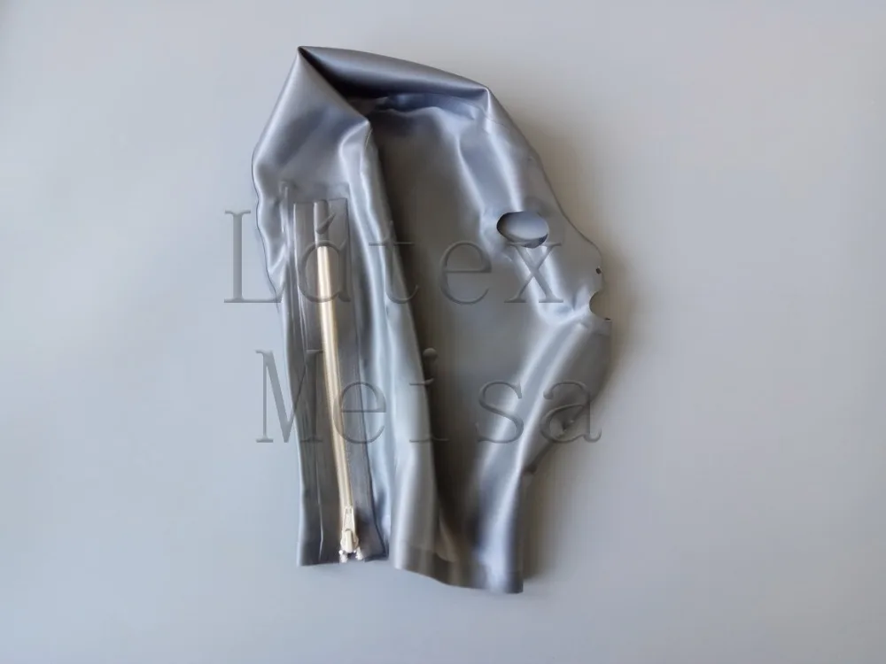 Bling metallic grijze latex catsuitmasker open ogen neusgaten en mond met ritssluiting aan de achterkant voor heren