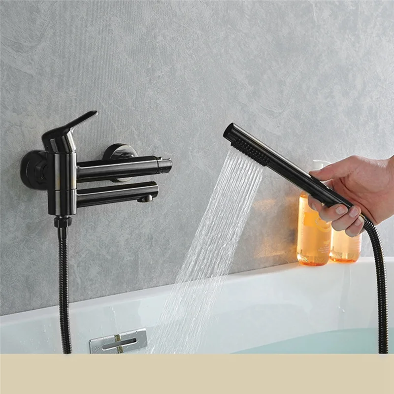 

Matte Black Wall-Mounted Bathtub Faucet With Swivel Spout, Long Reach Tub Crane, Single Handle Shower Mixer Tap-ABGL