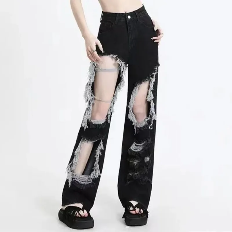 Female Spring and Summer Tide High Waist Beggar Fried Street American High Street Spice Girl Black Hole Straight Leg Loose Jeans