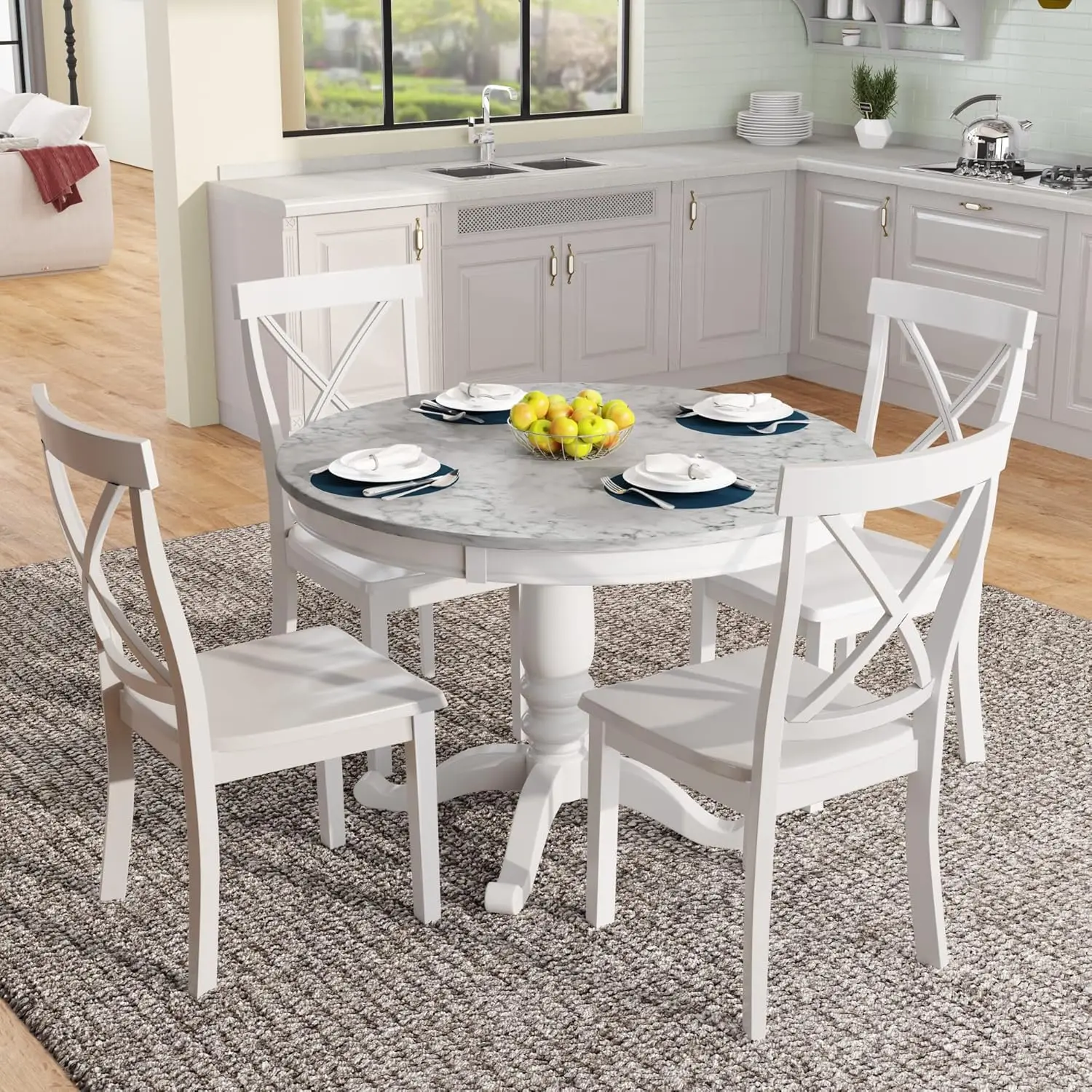 Farmhouse Rustic Modern Kitchen Room Solid Wood Pedestal Table with 4 Cross,5 Pieces Dining Table and Chairs Set for 4 Persons