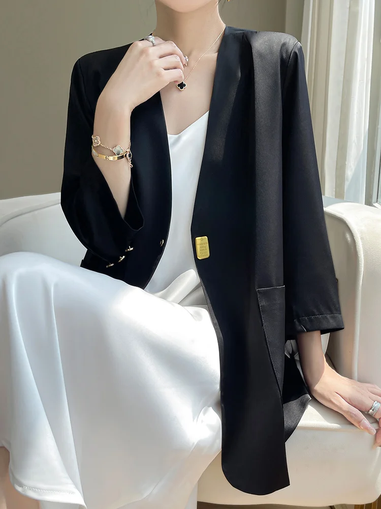 Abito in raso di acetato di lusso di fascia alta Jaet da donna coreano Sle Design unico Versatile professionale lungo Sve Busin Top