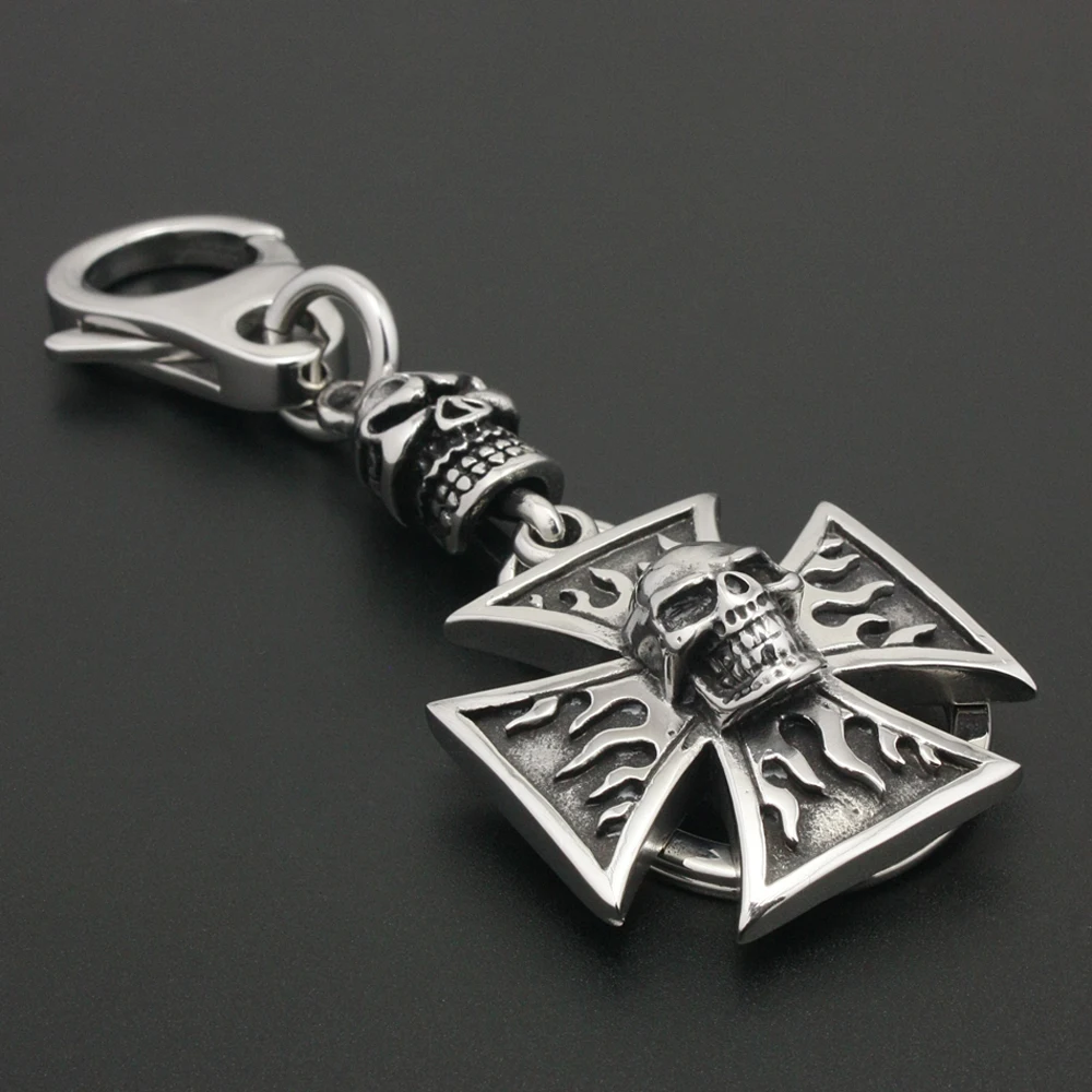 Unique 316L Stainless Steel Flame Skull Mens Biker Rocker Keychain 6R002KC-3P3