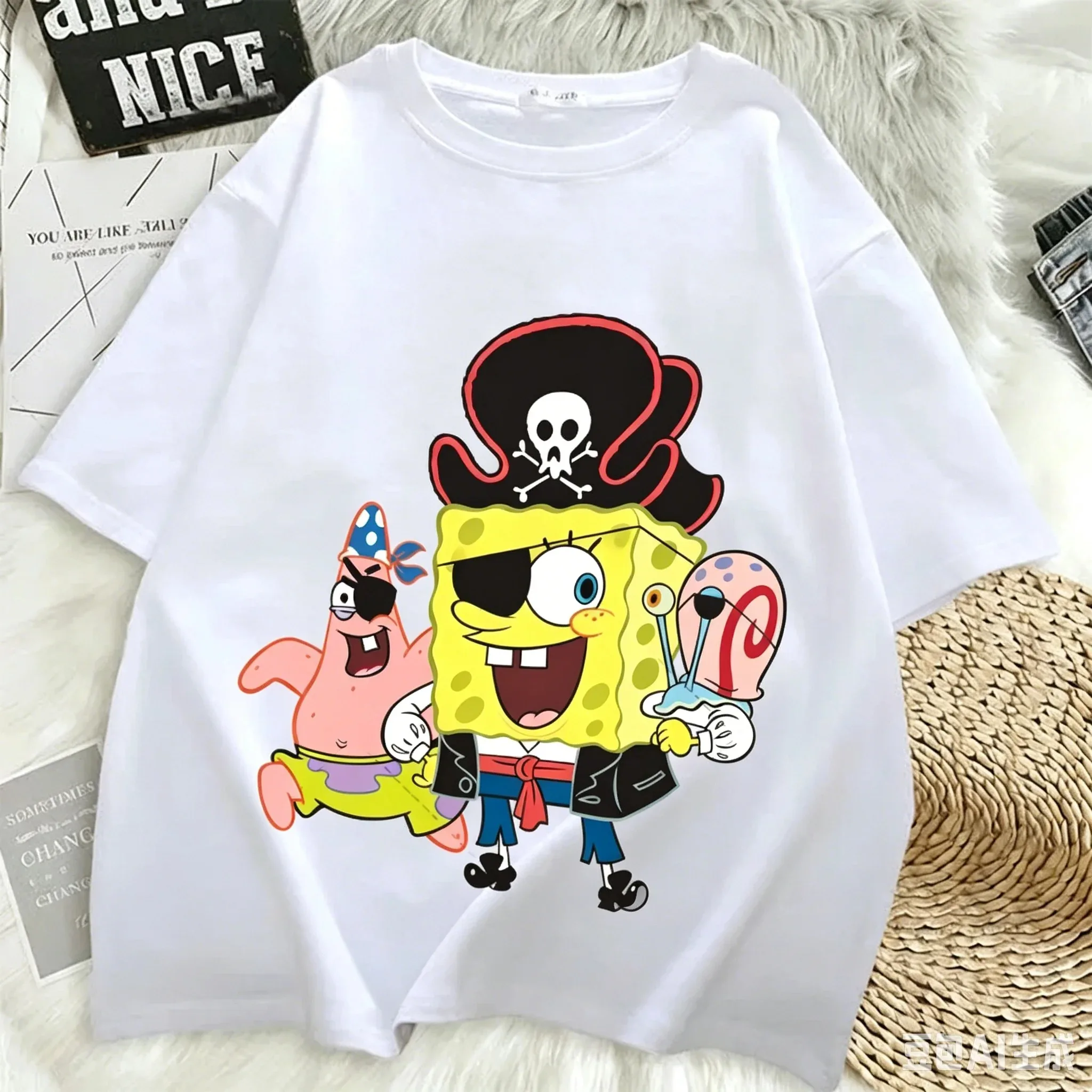 SpongeBob Schwammkopf T-Shirt Patrick Star Fischerboot-Print Tee Sommer Unisex Harajuku Streetwear Lustiges Cartoon-Oberteil – Detail 6