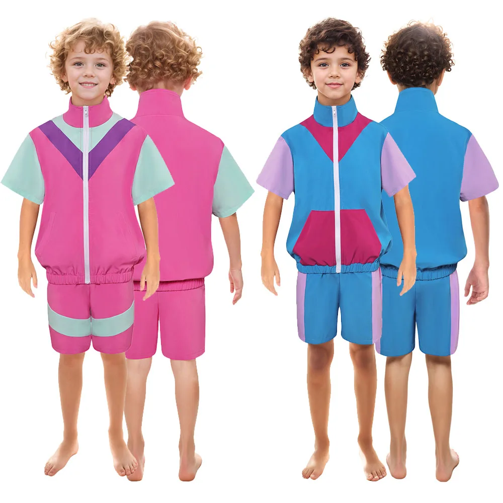 80s Halloween Tracksuit Children Hip Hop Costume Short Sleeved Pink Blue Sportswear Cosplay Costume Outfits Carnival Kids Suit