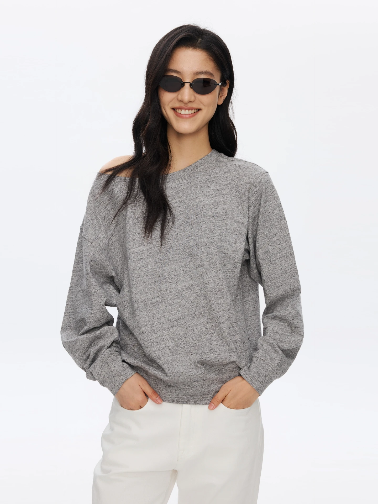 

Oneup Pure Cotton Floral Sweatshirt Grey Thin Shoulder Loose Fit Spring Women's American Style Small Size Diagonal Shoulder Top