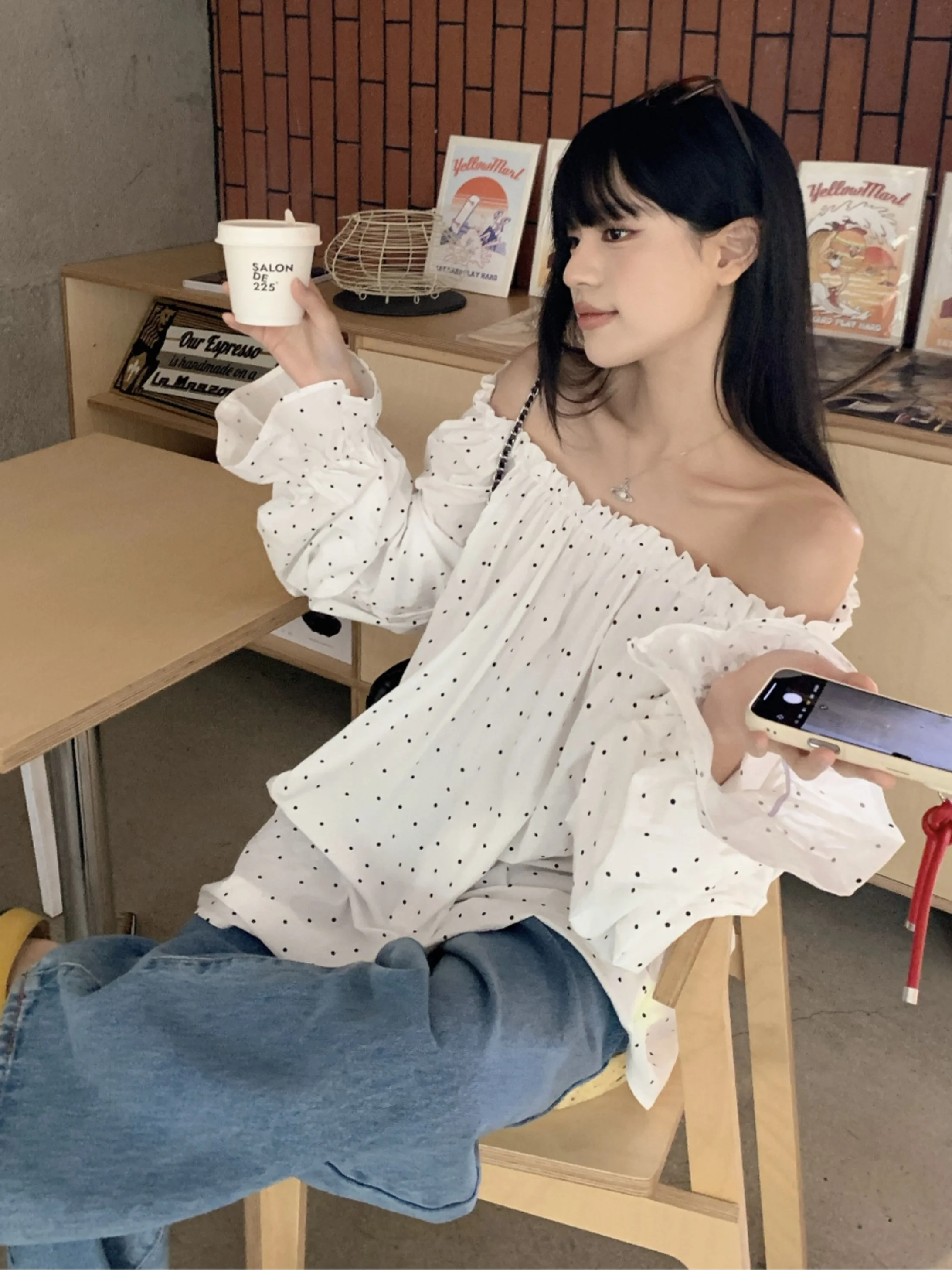 plus Size Women's Polka Dot One oulder Loose irt Korean Sle Simple Spring New Faion Slimming Top Trendy Commute Wind