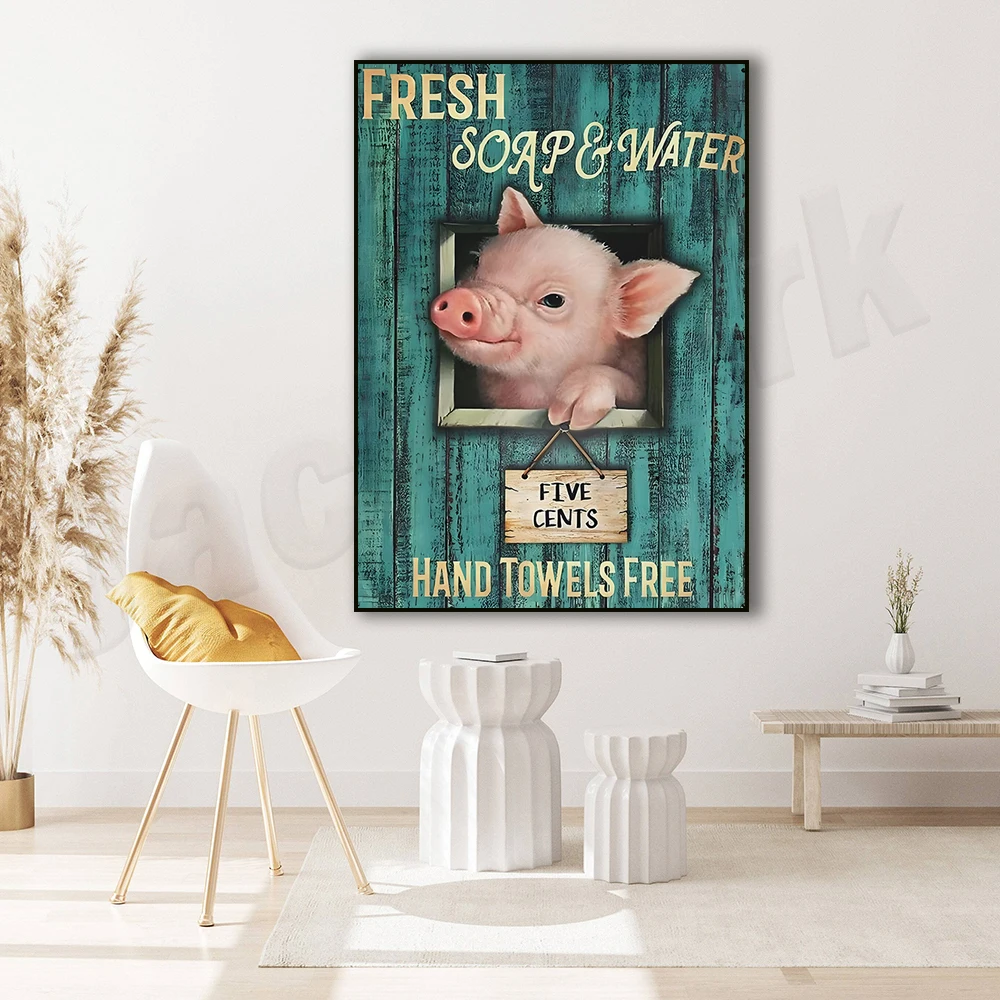 Fresh Soap and Water Pig Lover Vintage Toilet Bathroom Wall Art Print, Funny Vintage Canvas Poster Animal Pig, Unframed