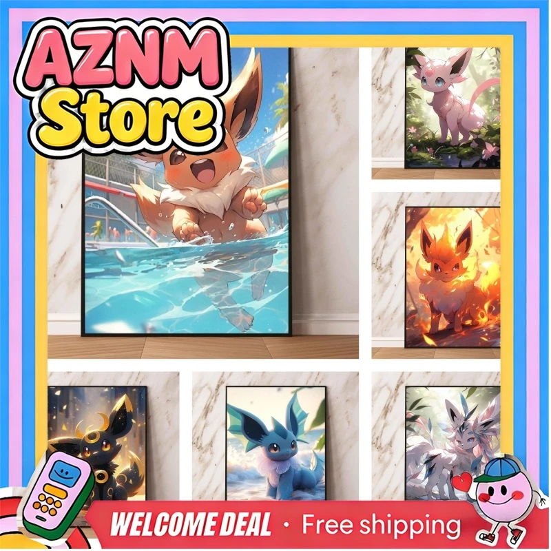 Figuras Clásicas de Anime de Pokémon de Alta Calidad, Impresión en Lienzo de Eevee, Estilo Lindo, Decoración para el Hogar, Habitación Infantil, Sala de Estar, Mural para Cabecera de Cama