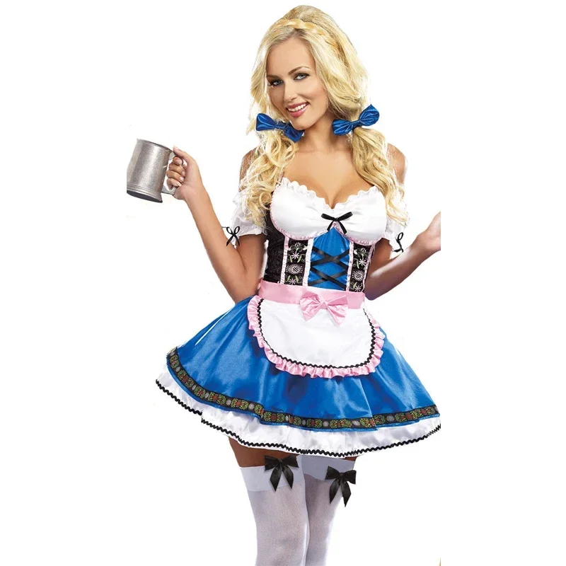 Traditional Bavarian Oktoberfest Costume German Beer Wench Cosplay Costume Adult Blue Dirndl Dress