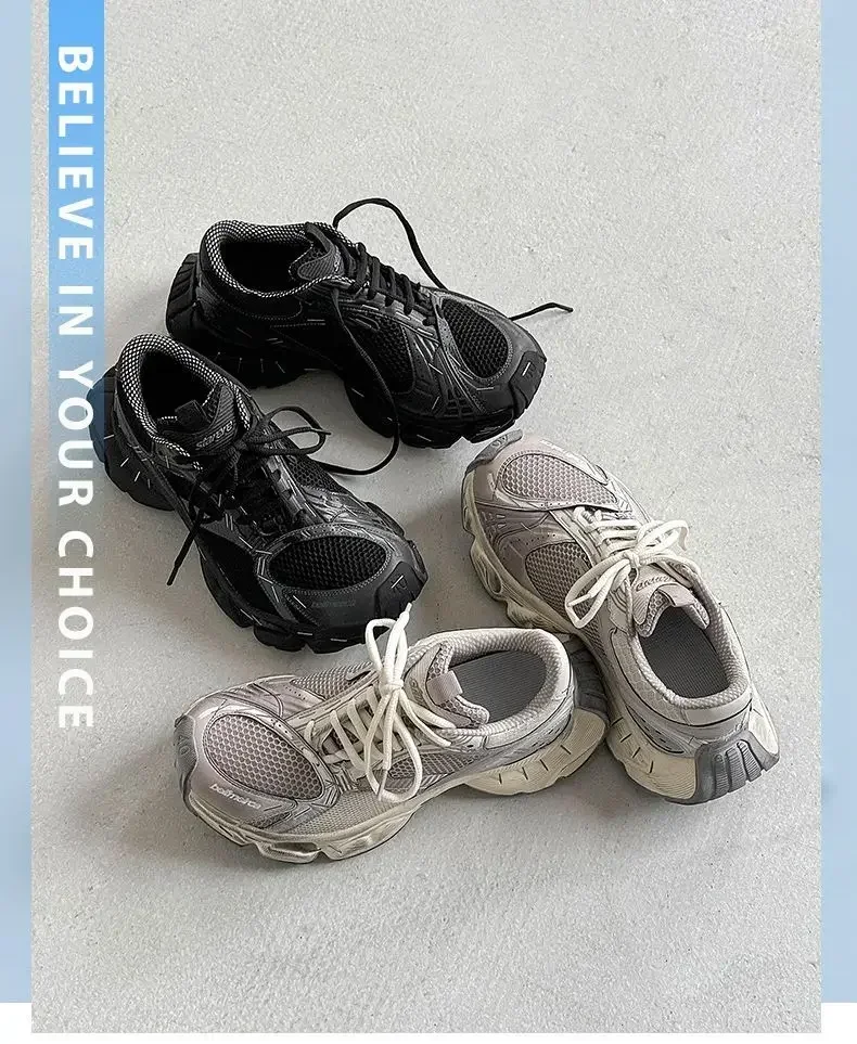 

New Vintage-Style Women's Couple Running Shoes with Distressed Finish, Thick Sole for Height Boost, Street-Style Casual Sneakers