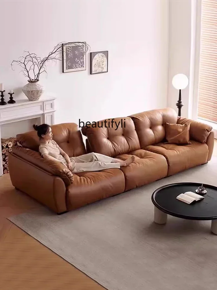 

Leather sofa living room straight row retro wind oil wax leather functional sofa backrest adjustable9338