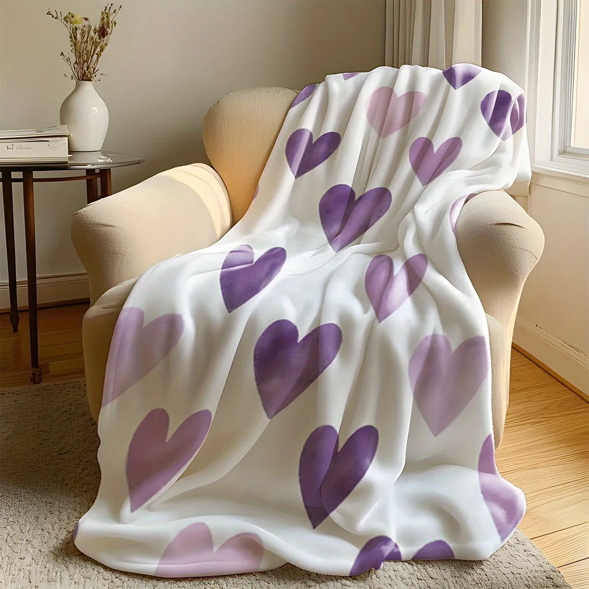 보라색 하트 패턴 담요, 부드럽고 아늑한 플란넬 담요, 소파 침대용 로맨틱 홈 데코 선물