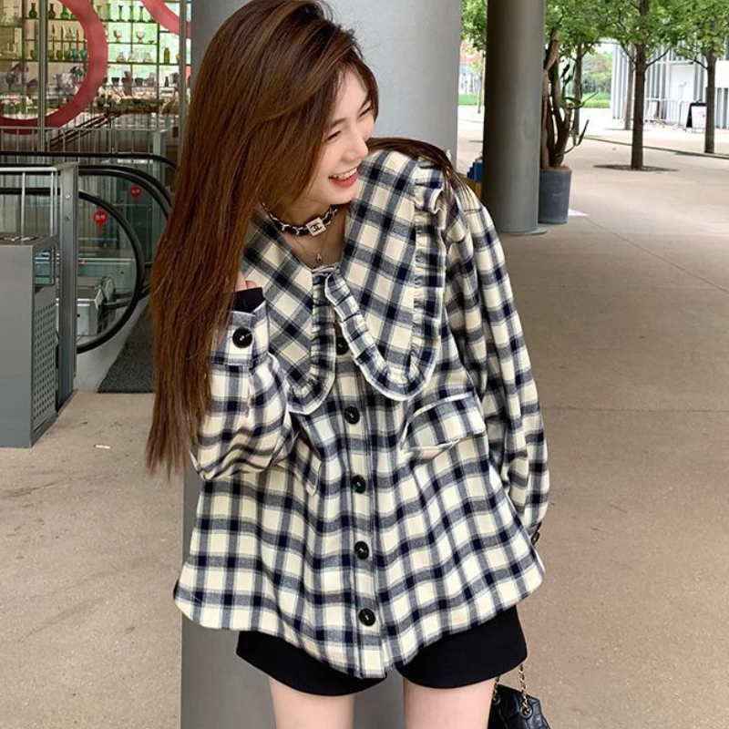 격자 무늬 셔츠 여성 피터팬 칼라 빈티지 패션 루즈 시크 카와이 한국 스타일 올 매치 학생 캐주얼 스트리트웨어 셔츠