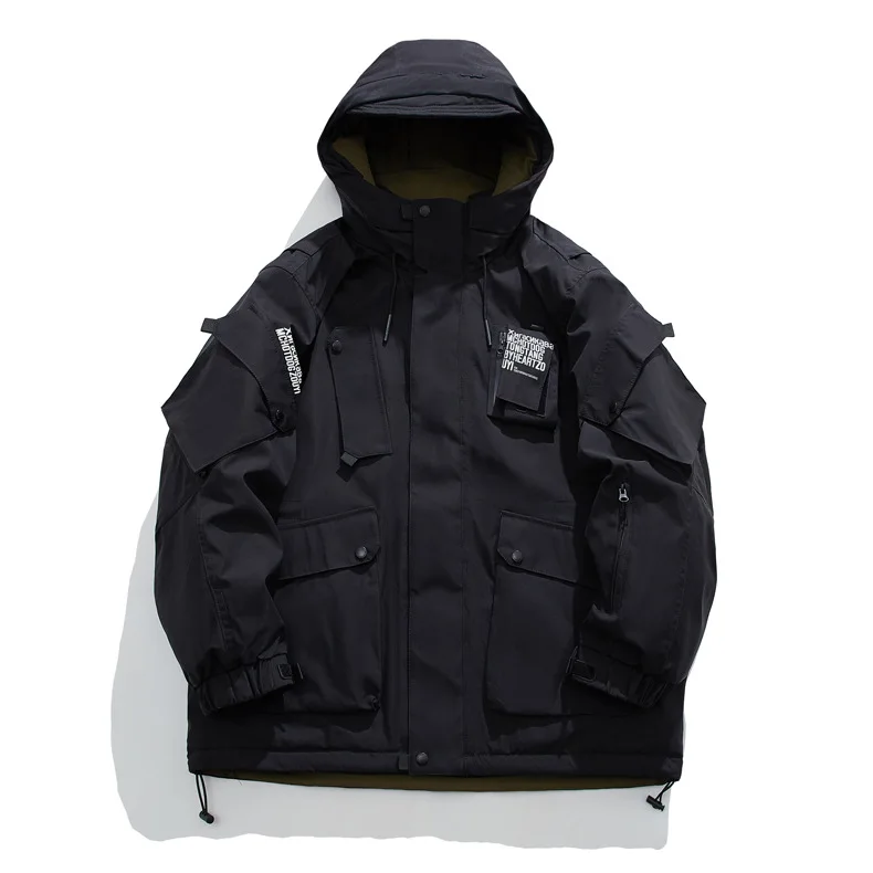 assault functional workwear hooded down jacket, niche designer trendy INS style splicing contrasting color assault jacket