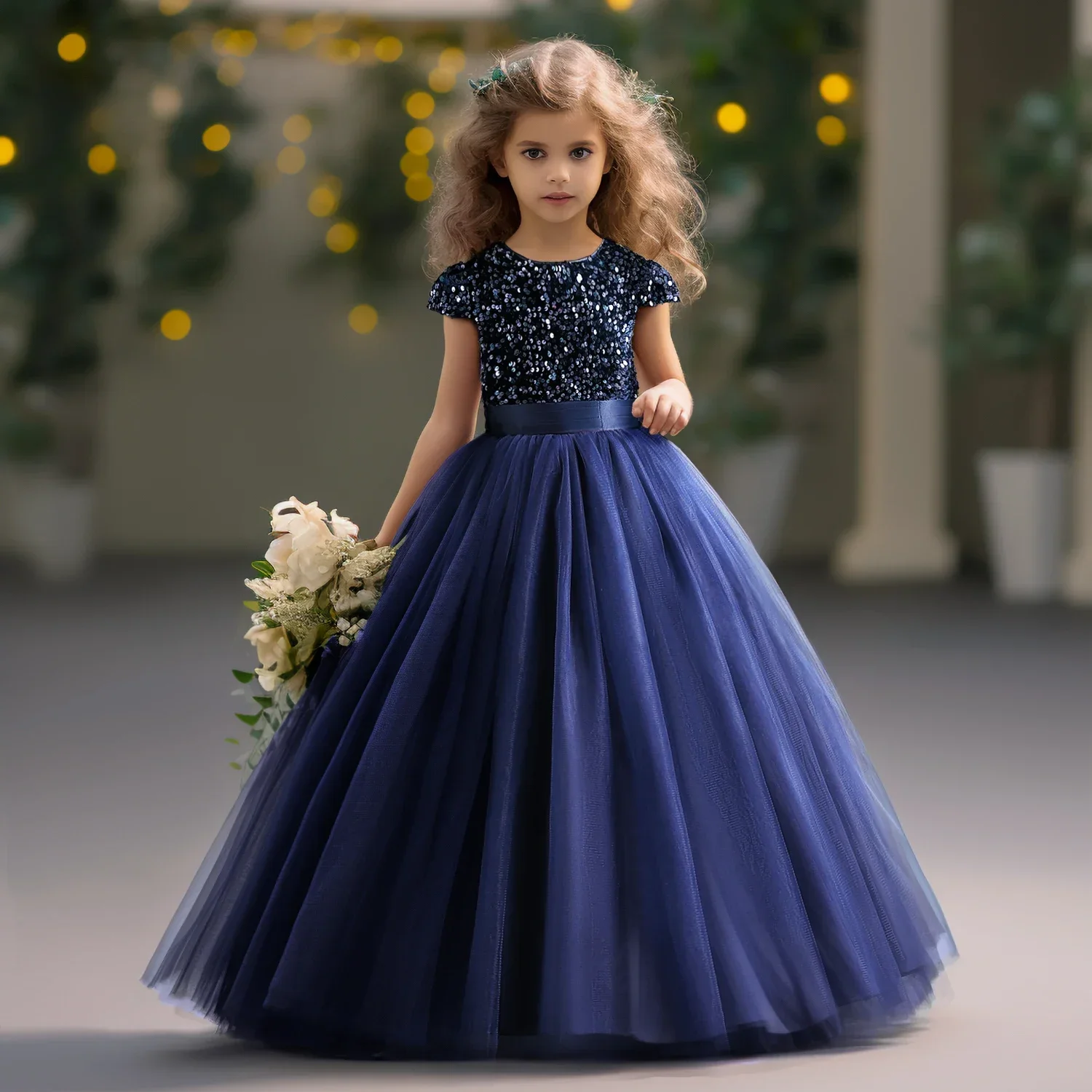 12 14 Yrs Girls Party Dresses Blue Sequined Bow Gala Prom Gown for Children Kids Formal Events Costume Birthday Princess Clothes