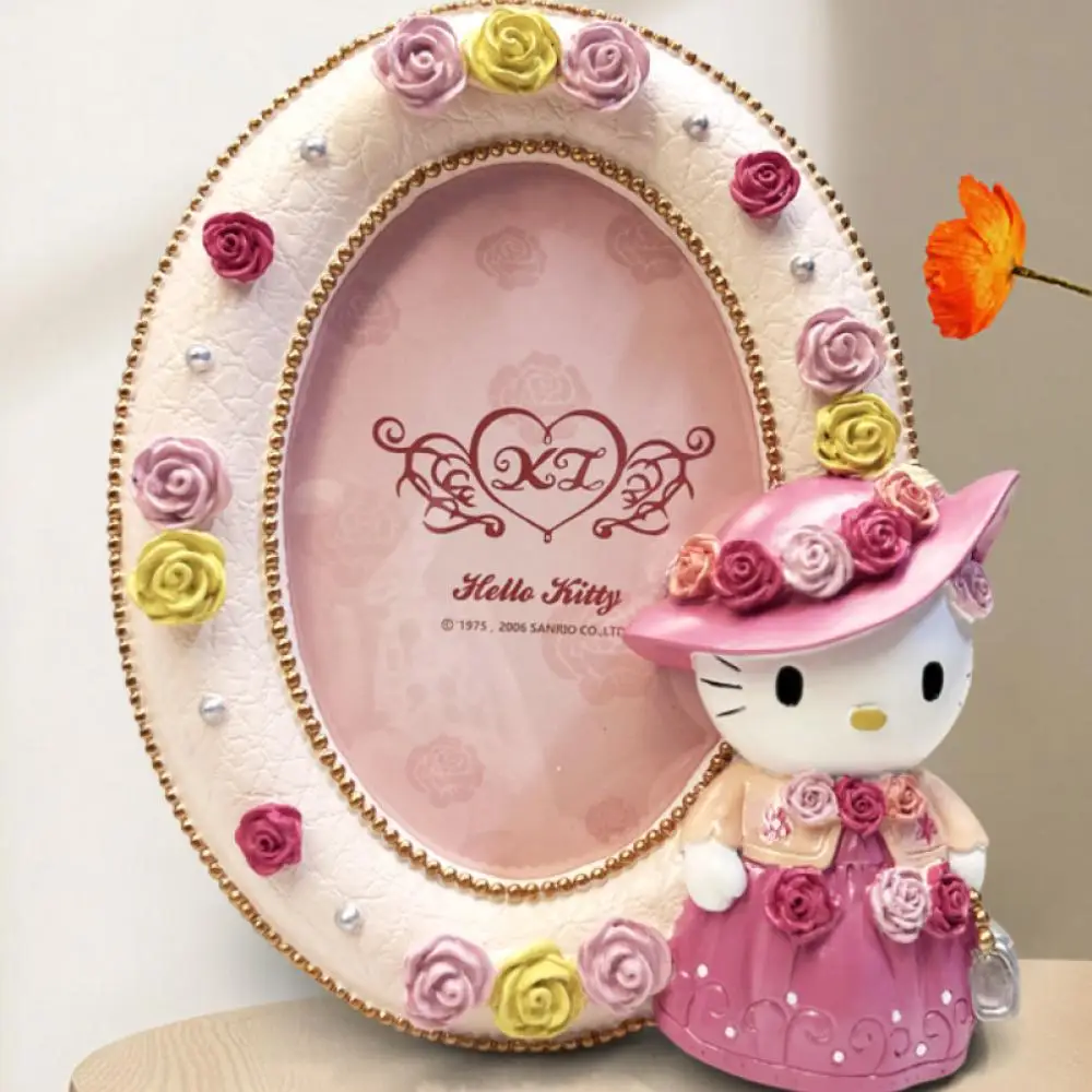 19cm Sanrio Pink dress Hello kitty resin ellipse Photo frame Rose border Desktop decoration Valentine Day Gift birthday present