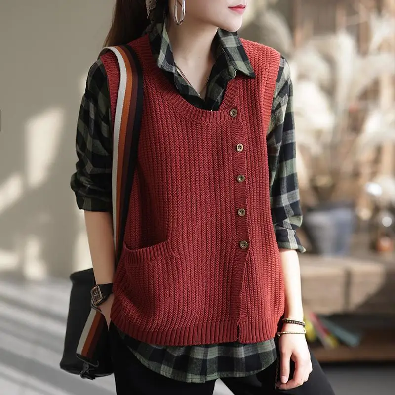 Fashion Solid Color Button Pockets Asymmetrical Vest Sweater Women\'s Clothing 2022 Autumn New Loose All-match Casual Tops