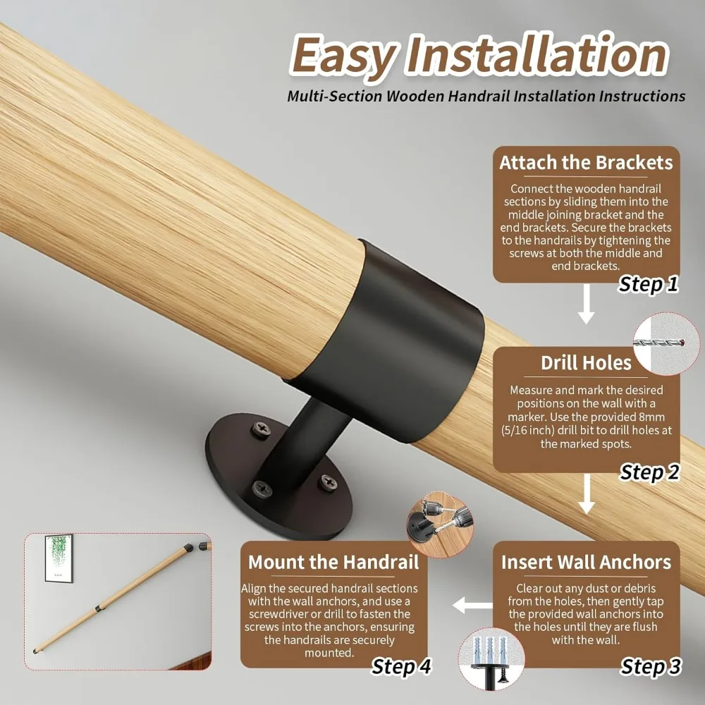 درابزين الدرج الخشبي بطول 6 أقدام - درابزين أمان داخلي وخارجي، ودعم تثبيت على الحائط، ودرابزين غير قابل للانزلاق لكبار السن والأطفال #6