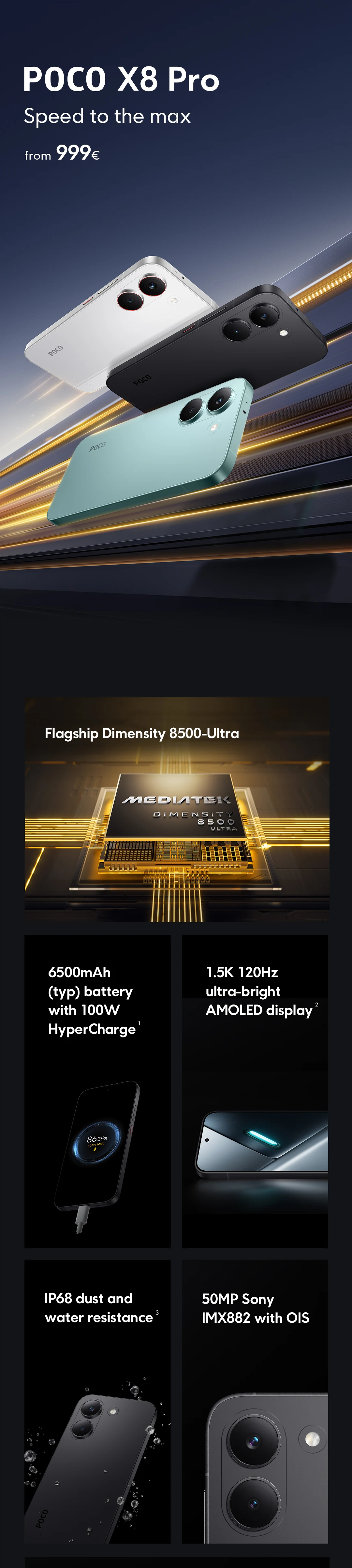 POCO X8 Pro 5G European Version 256GB/512GB 6.59" AMOLED 1.5K 120Hz 6210mAh 50MP OIS NFC Dimensity 8500-Ultra IP68 No Charger