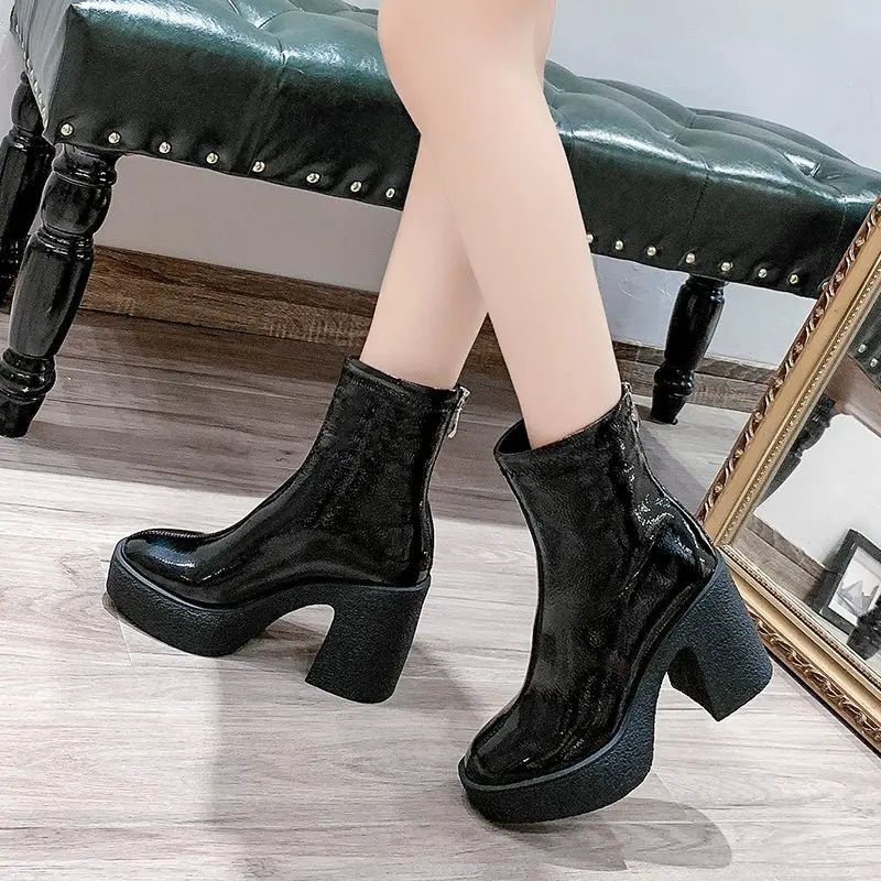 Buty damskie skórzane kwadratowe szpilki połowy łydki okrągłe Toe buty zimowe kobieta ciepłe komfort moda platforma Zipper buty czarne